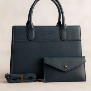 Slate Green Structured Handbag with Matching Clutch & Adjustable Strap